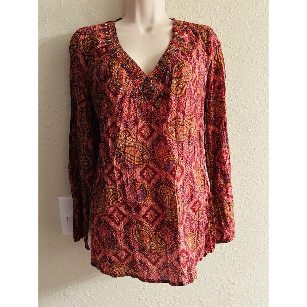 New Small Sunny Leigh Stud Designed V-Collar Flaring Silk Top #1384*8